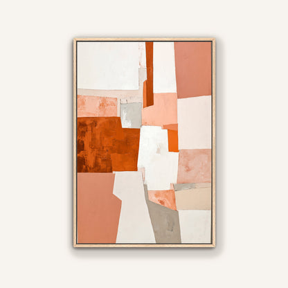 The image is a framed abstract painting featuring a variety of geometric shapes and colors, including shades of orange, white, and gray.