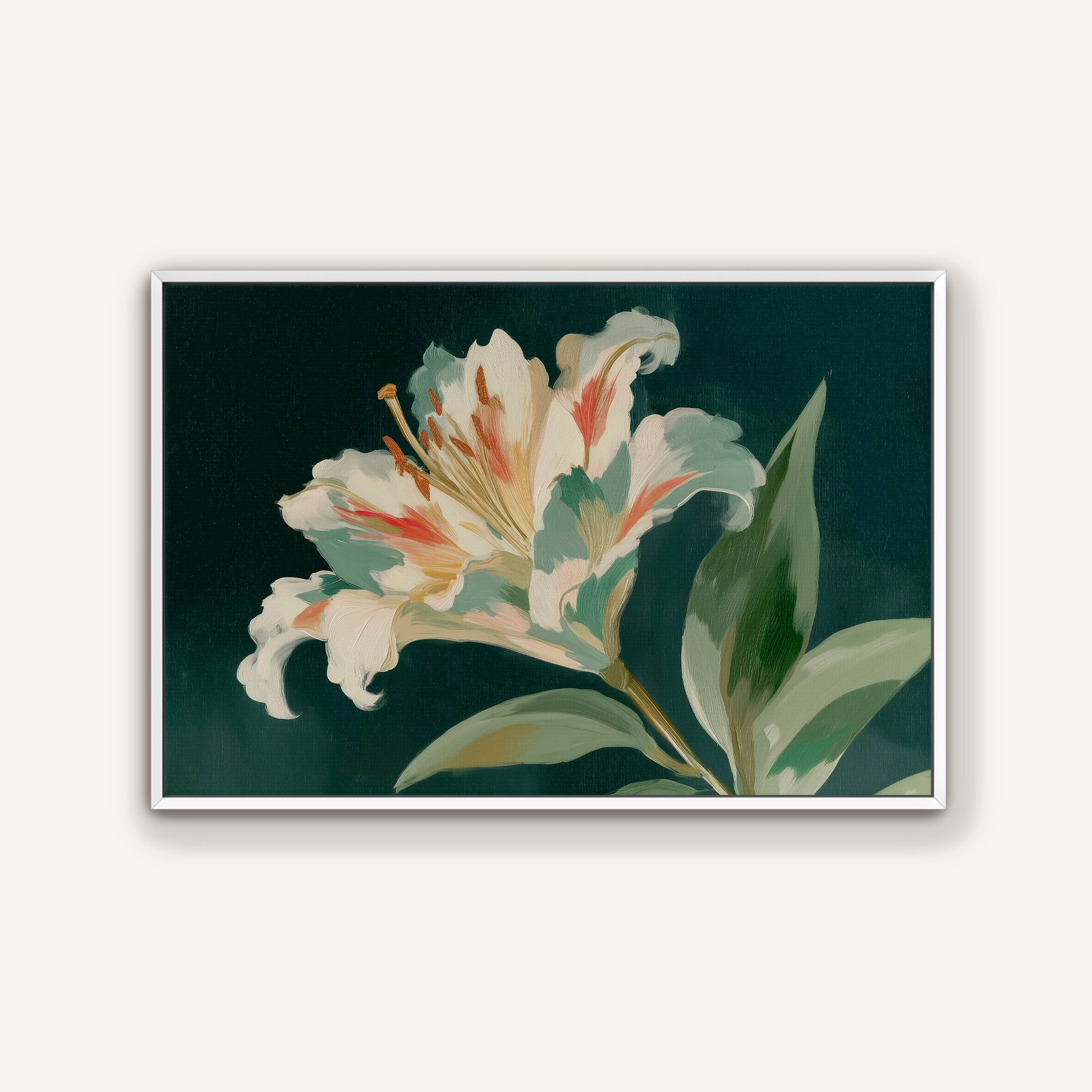 A framed painting depicting a large, vibrant lily flower with delicate petals in shades of white, green, and orange against a dark background.
