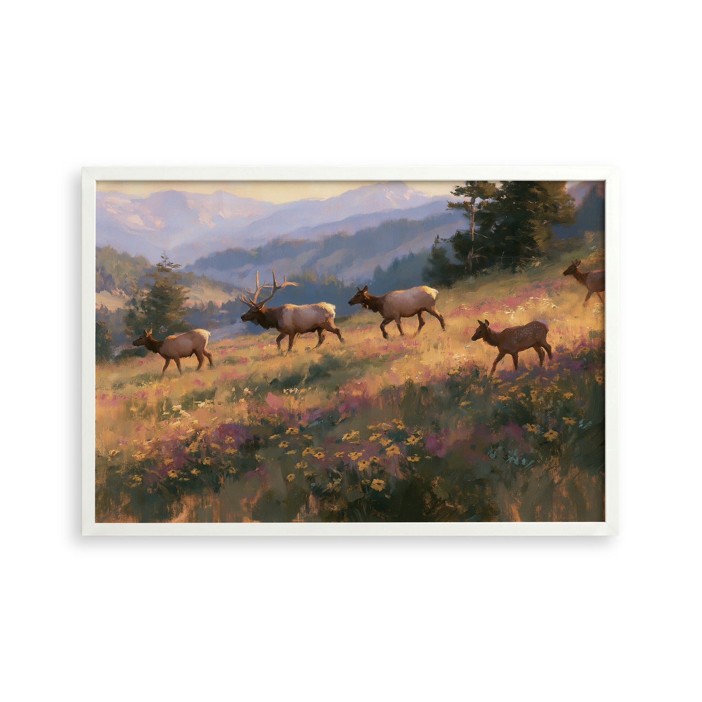 A group of elk walking through a field of wildflowers, with mountains in the background.