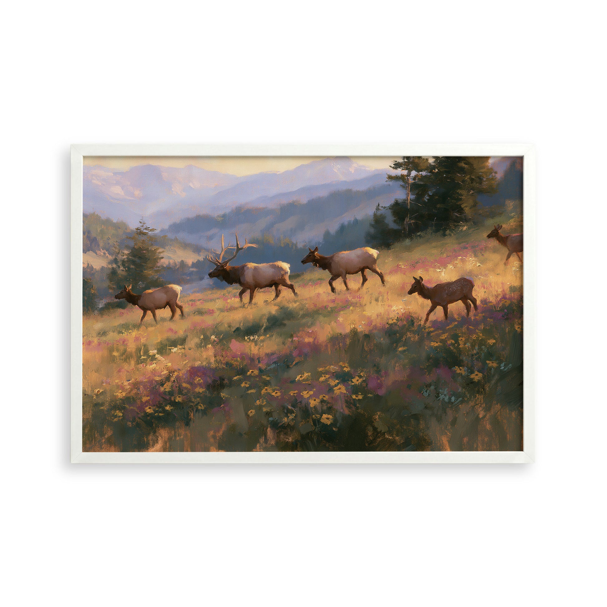 A group of elk walking through a field of wildflowers, with mountains in the background.