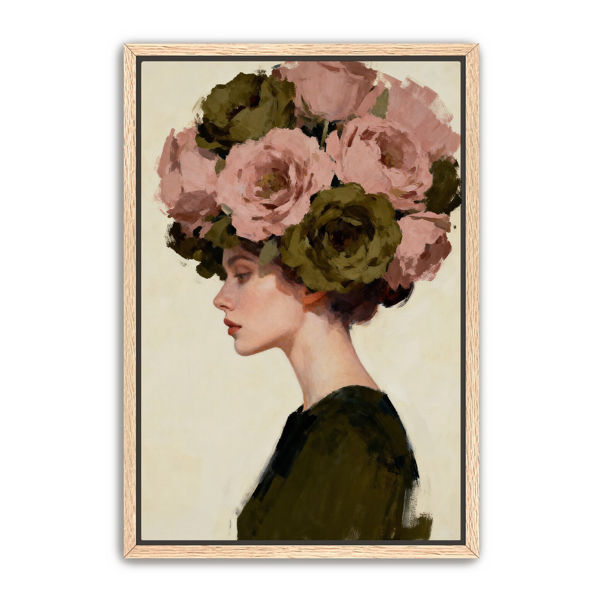 A woman with a large floral headdress is depicted in profile, wearing a green dress.