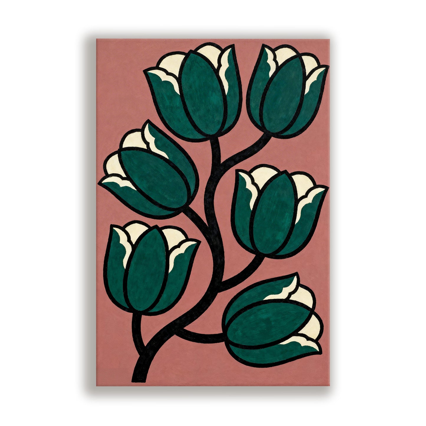 a stylized floral design with green and white flowers arranged in a symmetrical pattern against a pink background.