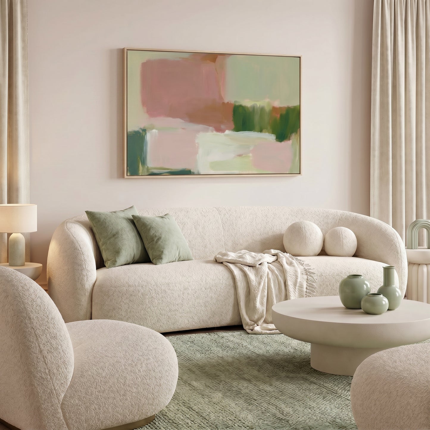 a modern living room with a large abstract painting on the wall, a white sofa with green throw pillows, a round coffee table with three green vases, and a beige armchair.