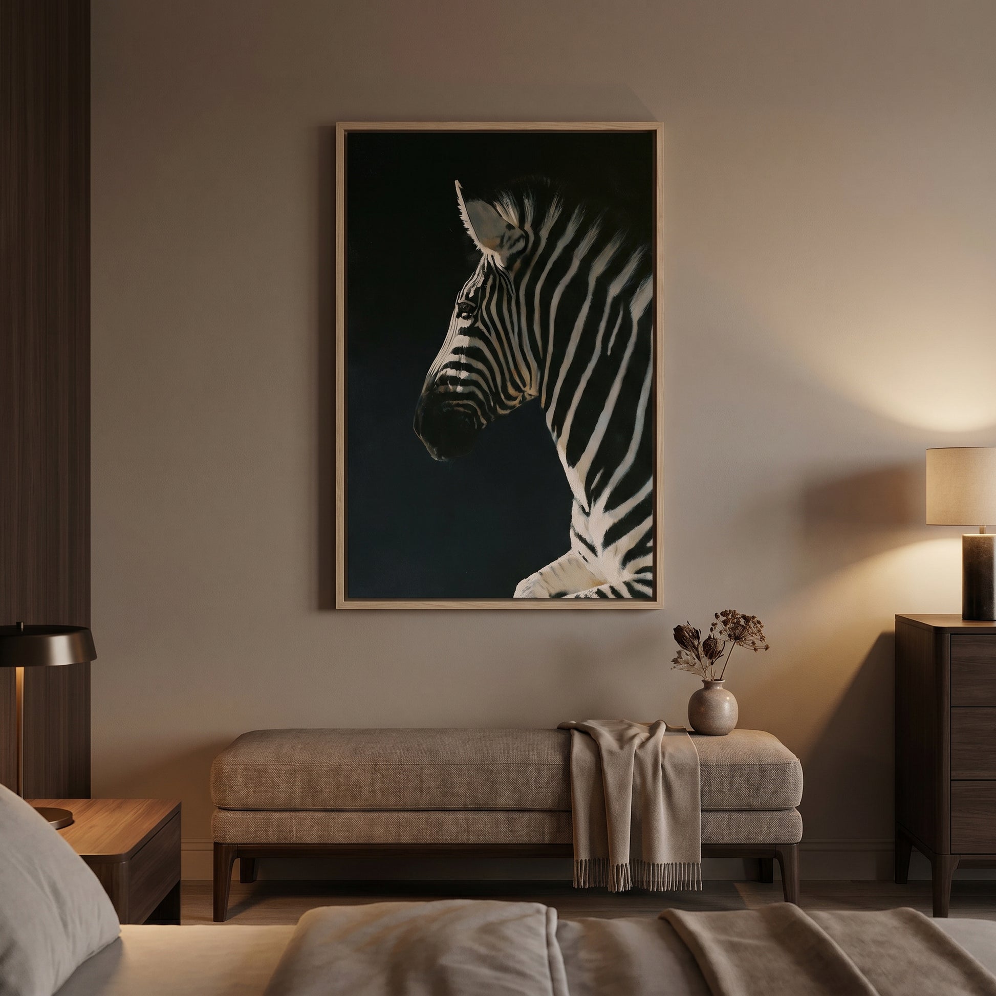 a large black and white zebra portrait hanging on a wall in a bedroom setting.