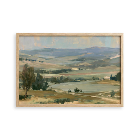 The image is a landscape painting depicting a serene countryside scene with rolling hills, trees, and a winding path.