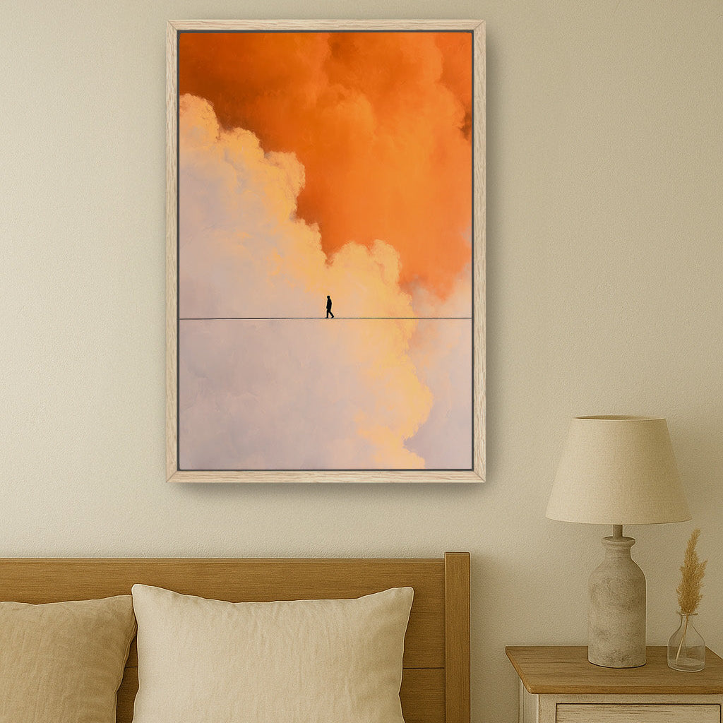 Calm neutral bedroom with light oak furniture and abstract orange cloud art above bed.
