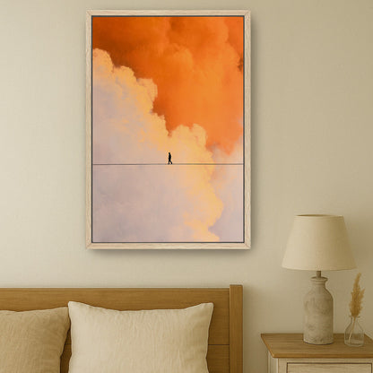 Calm neutral bedroom with light oak furniture and abstract orange cloud art above bed.