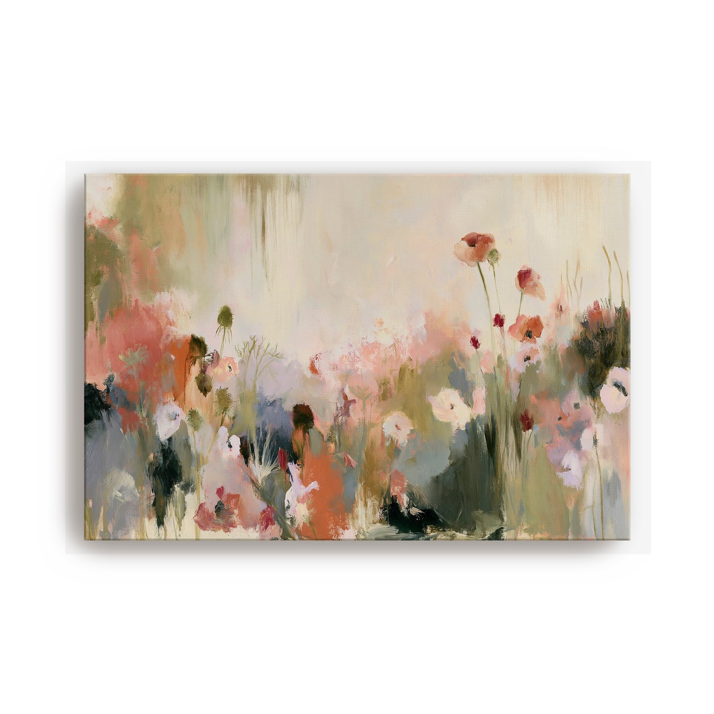 The image is a large painting depicting a field of flowers with various colors and textures.