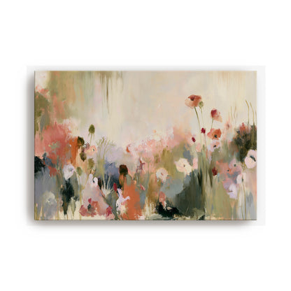 The image is a large painting depicting a field of flowers with various colors and textures.