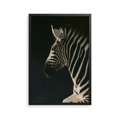 A close-up portrait of a zebra against a dark background, with its distinctive black and white stripes prominently featured.