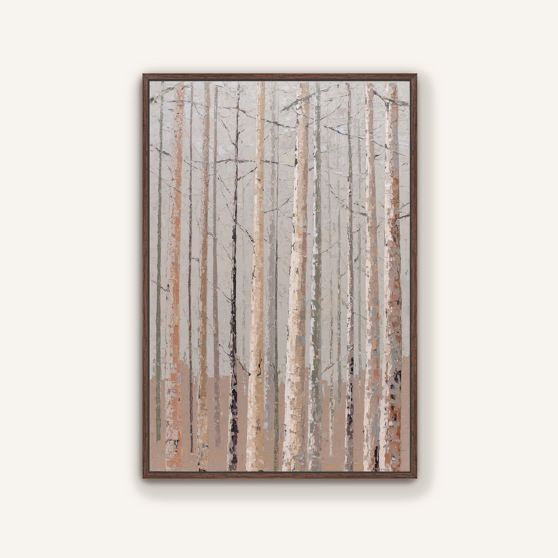 The image is a framed painting depicting a forest scene with tall trees and a light brown color palette.