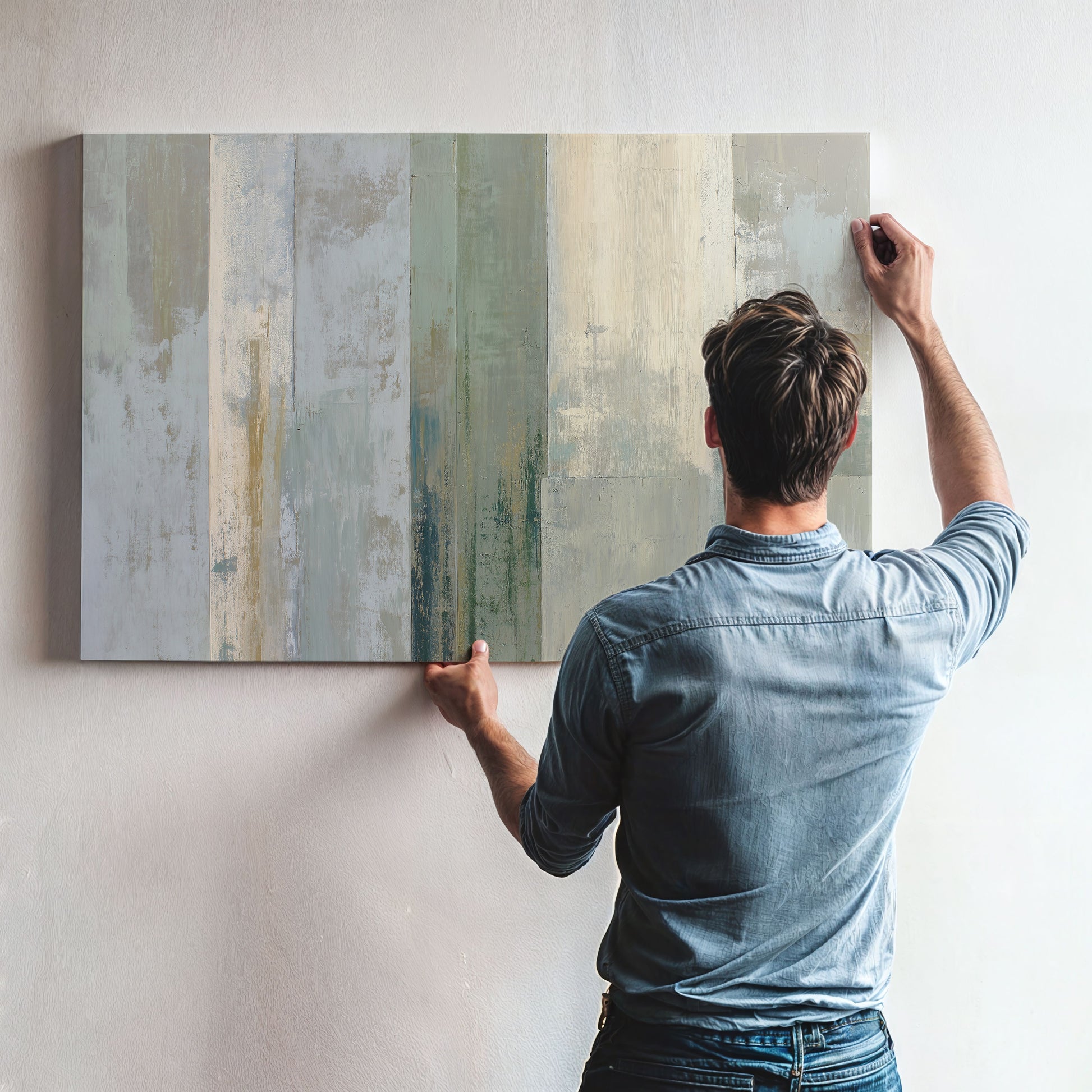 A man is hanging a large abstract painting on a wall.