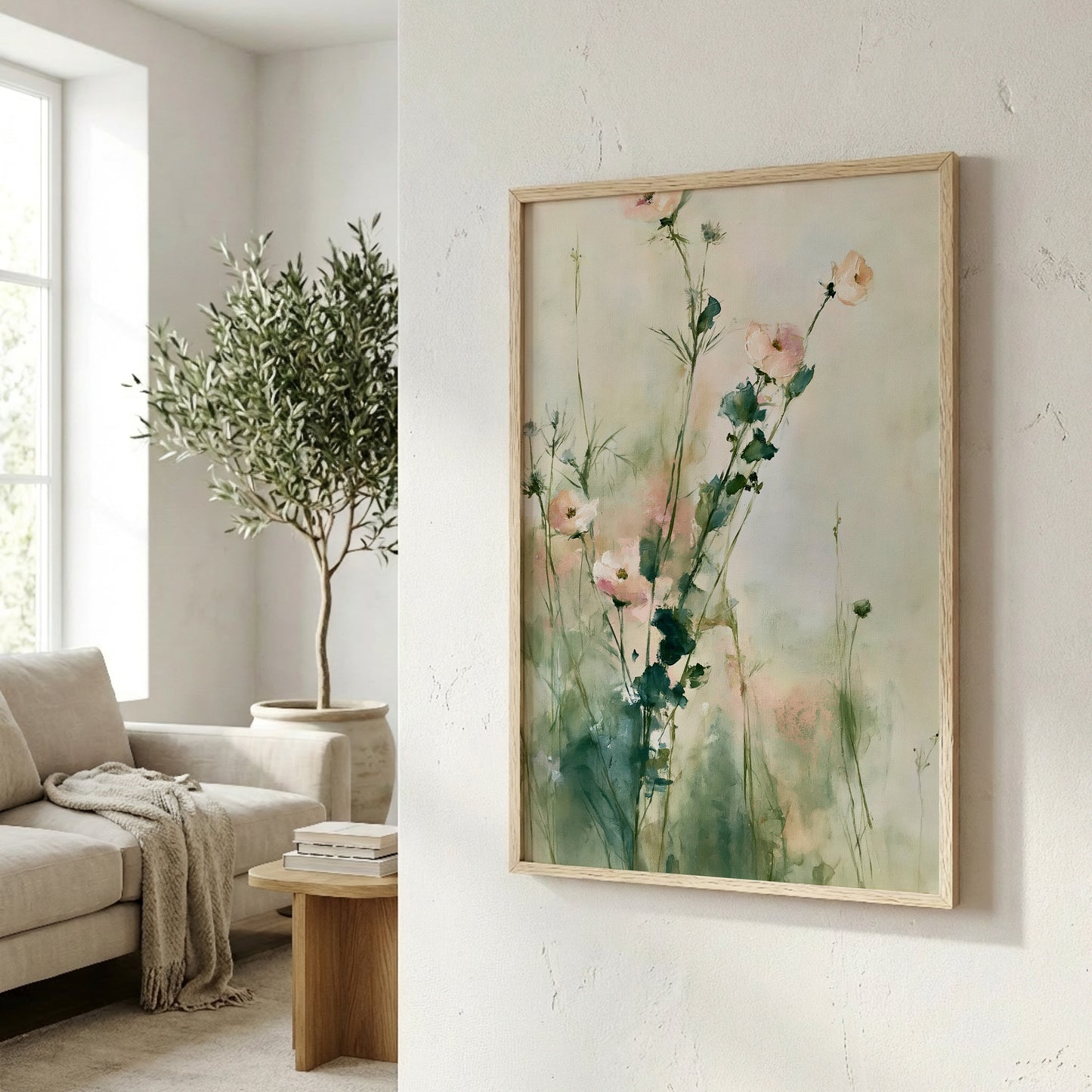 a living room with a large painting of flowers hanging on the wall, a sofa, a potted plant, and a wooden side table.