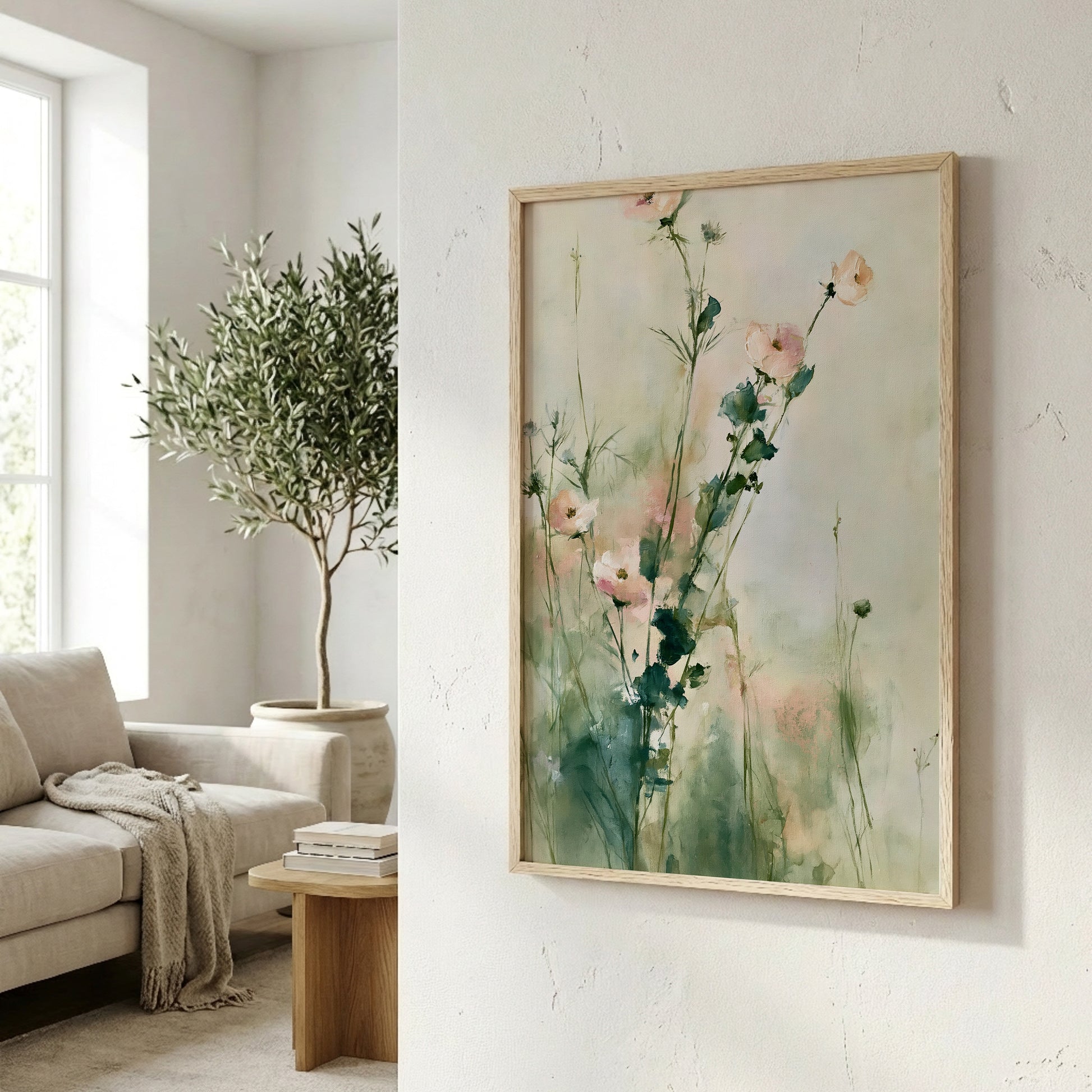 a living room with a large painting of flowers hanging on the wall, a sofa, a potted plant, and a wooden side table.
