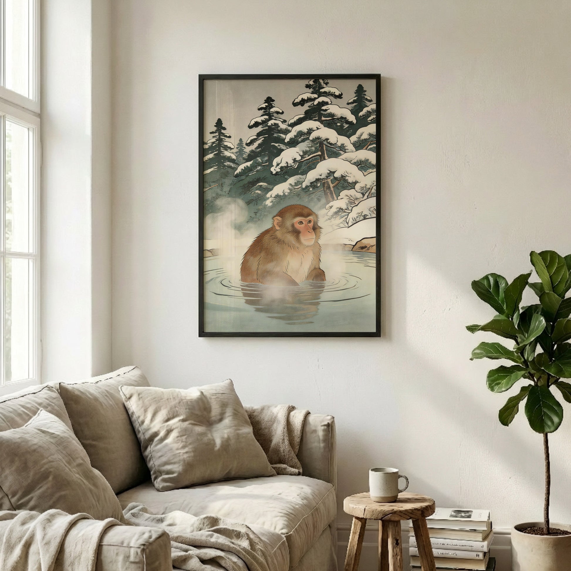 Snow monkey onsen wall art above neutral sofa in bright room