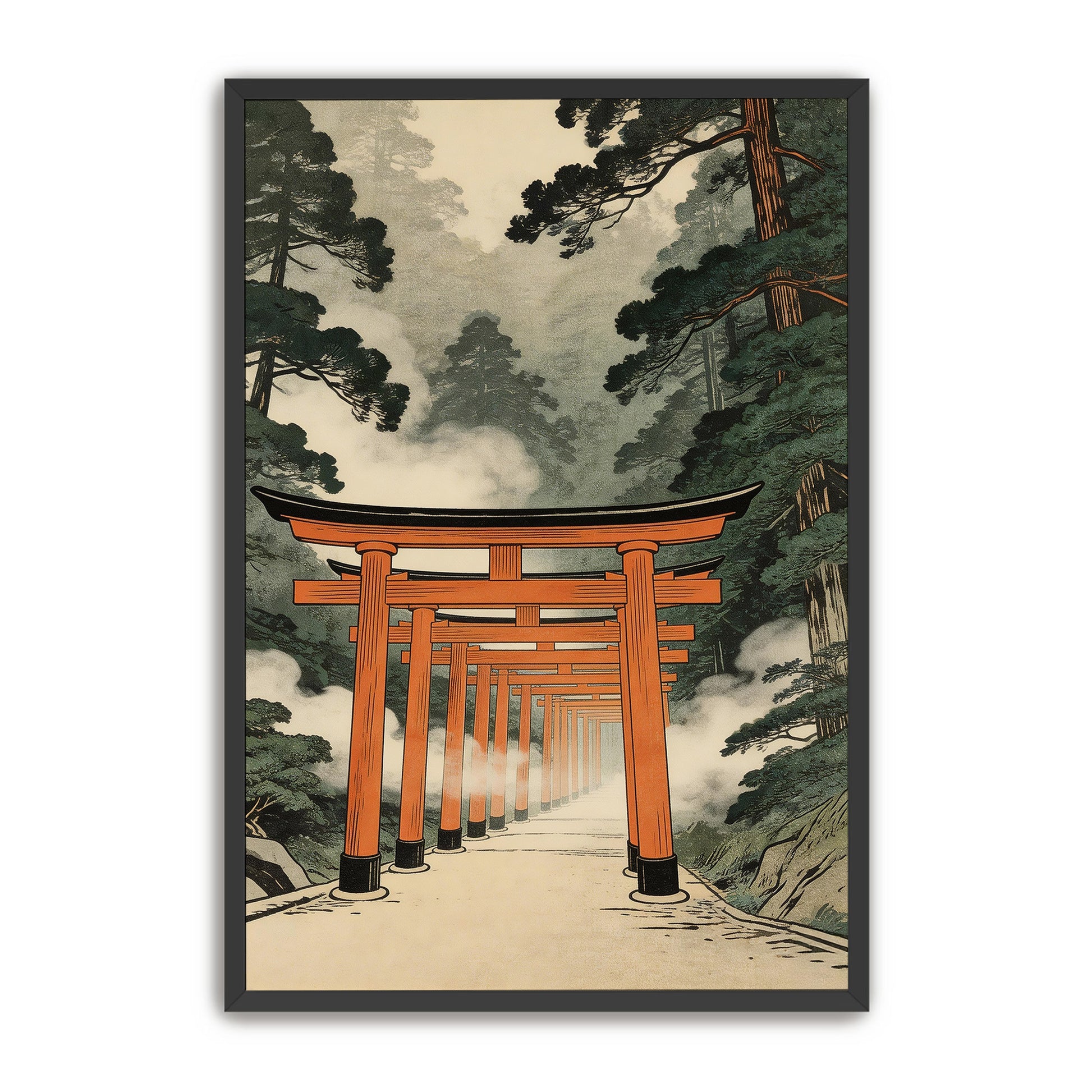 Close-up view of torii gate artwork in black frame
