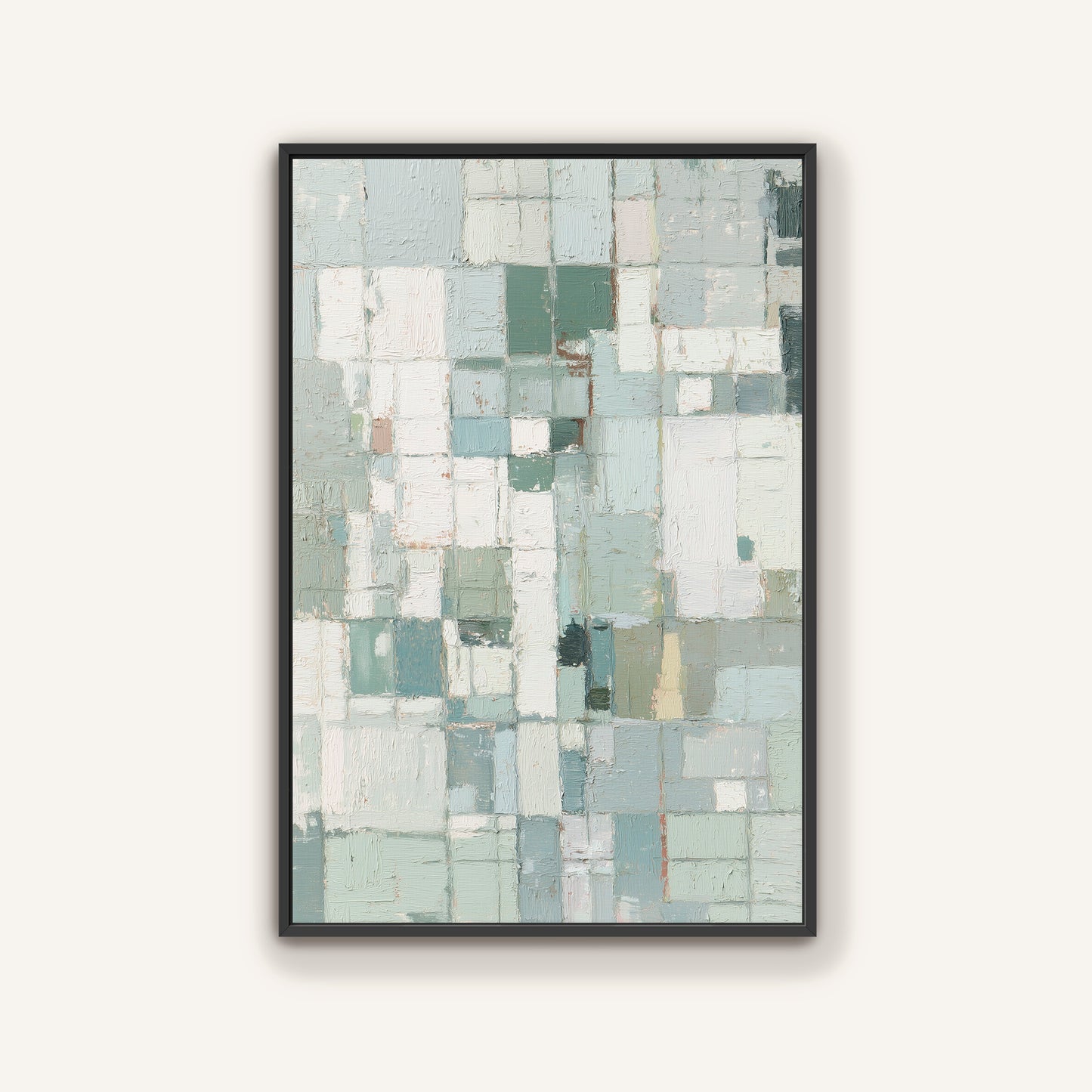 Minimalist black frame geometric abstract wall art styled in bright interior.