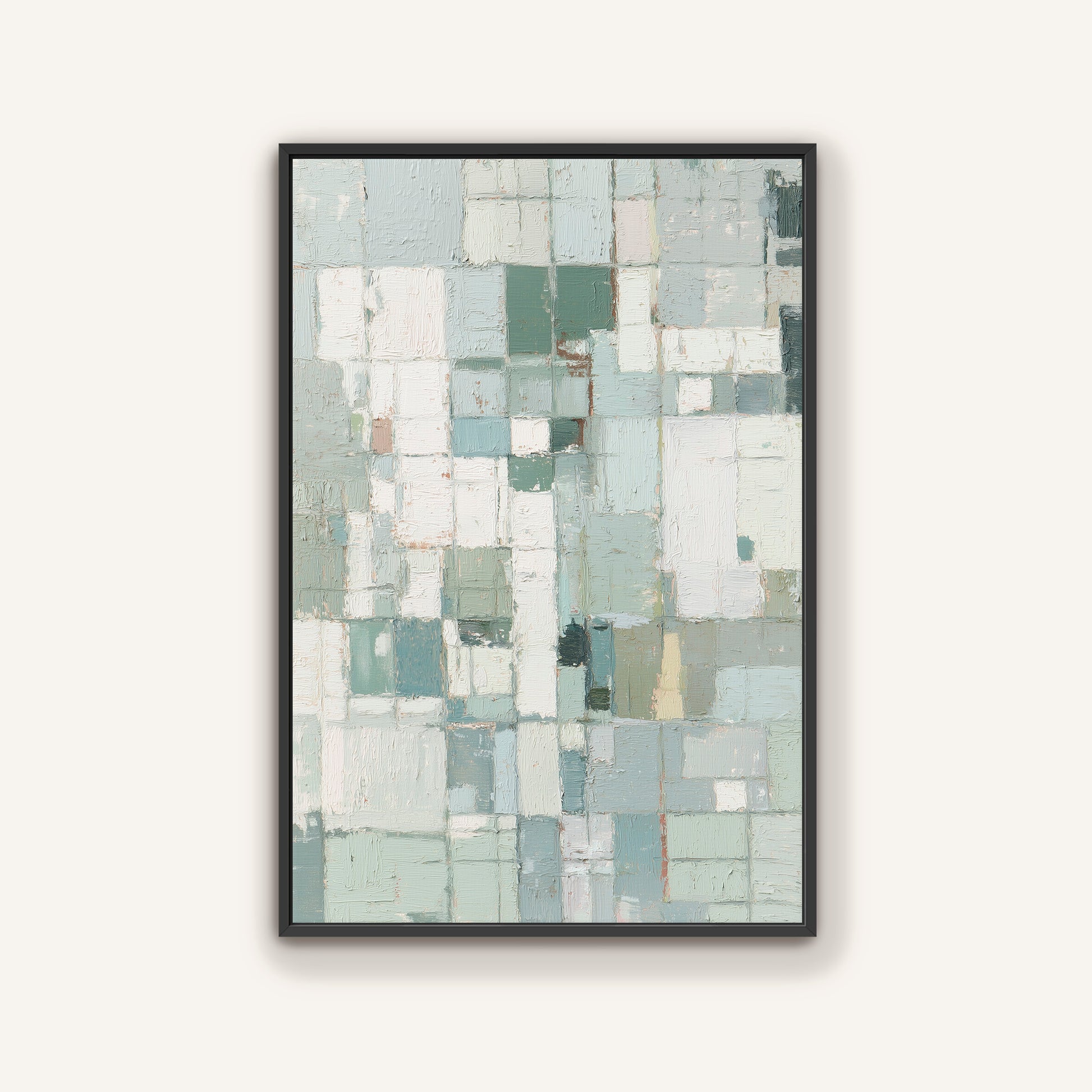Minimalist black frame geometric abstract wall art styled in bright interior.