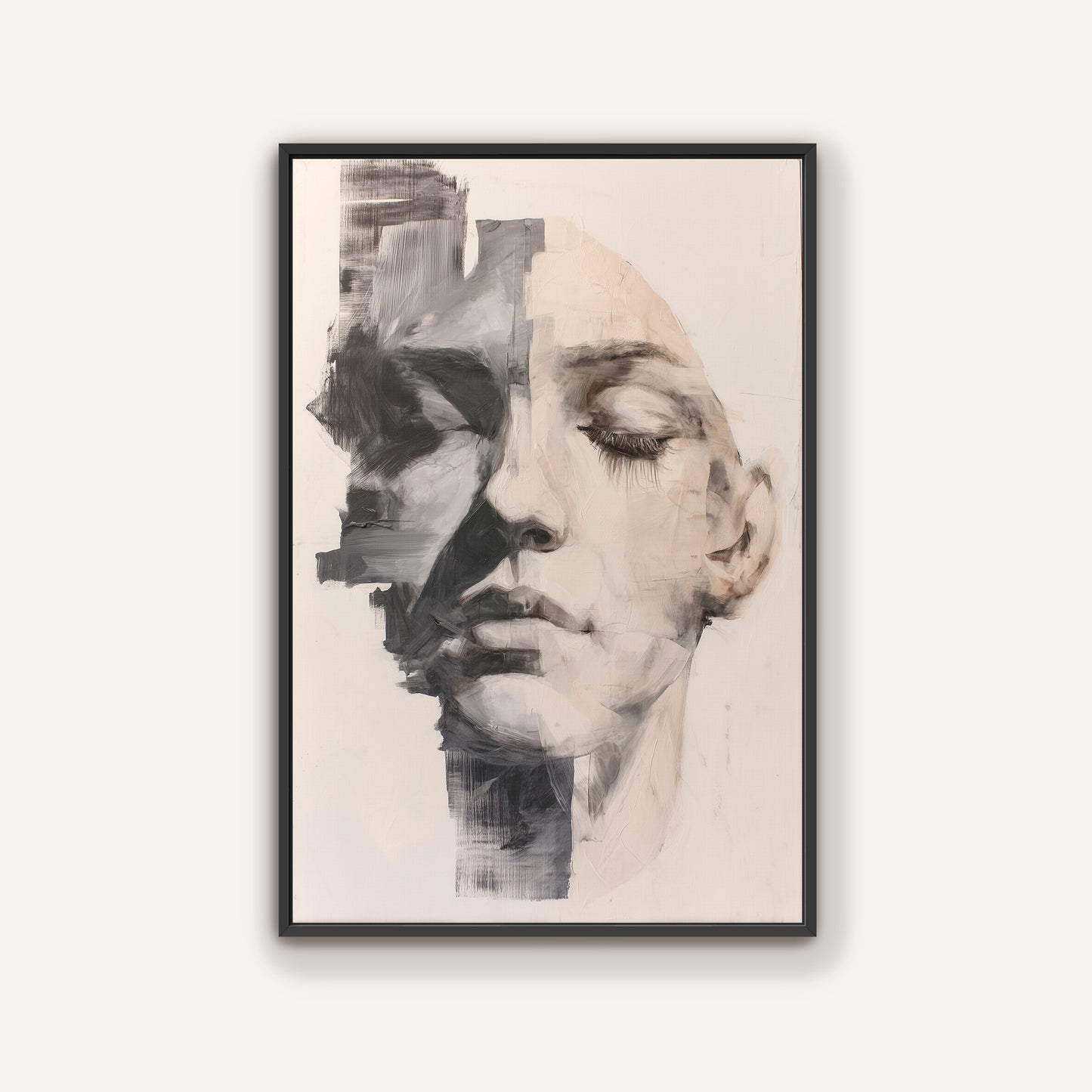 Black frame abstract portrait wall art with muted charcoal and ivory brushstrokes on canvas.