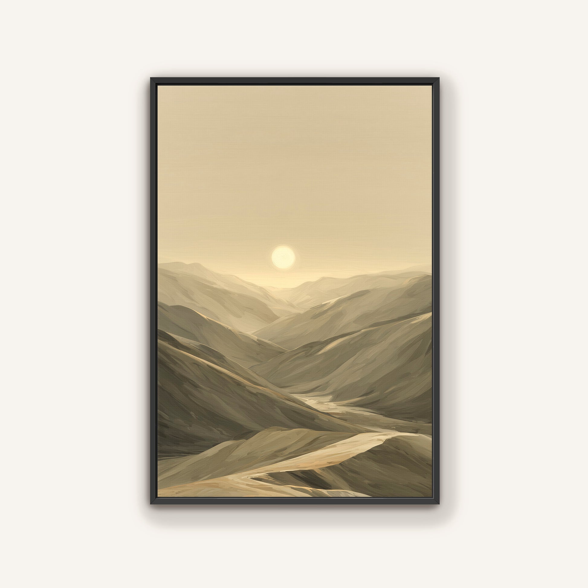 black framed canvas of a southwestern desert landscape.