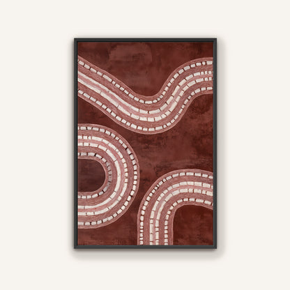 Black framed abstract art with wavy lines on a brown background.