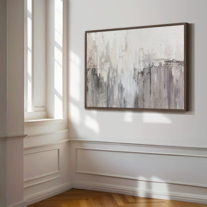 Neutral abstract wall art with walnut frame in sunlit corner