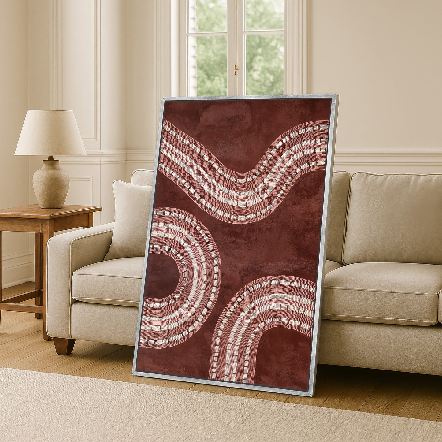silver framed burgundy contemporary line canvas print.
