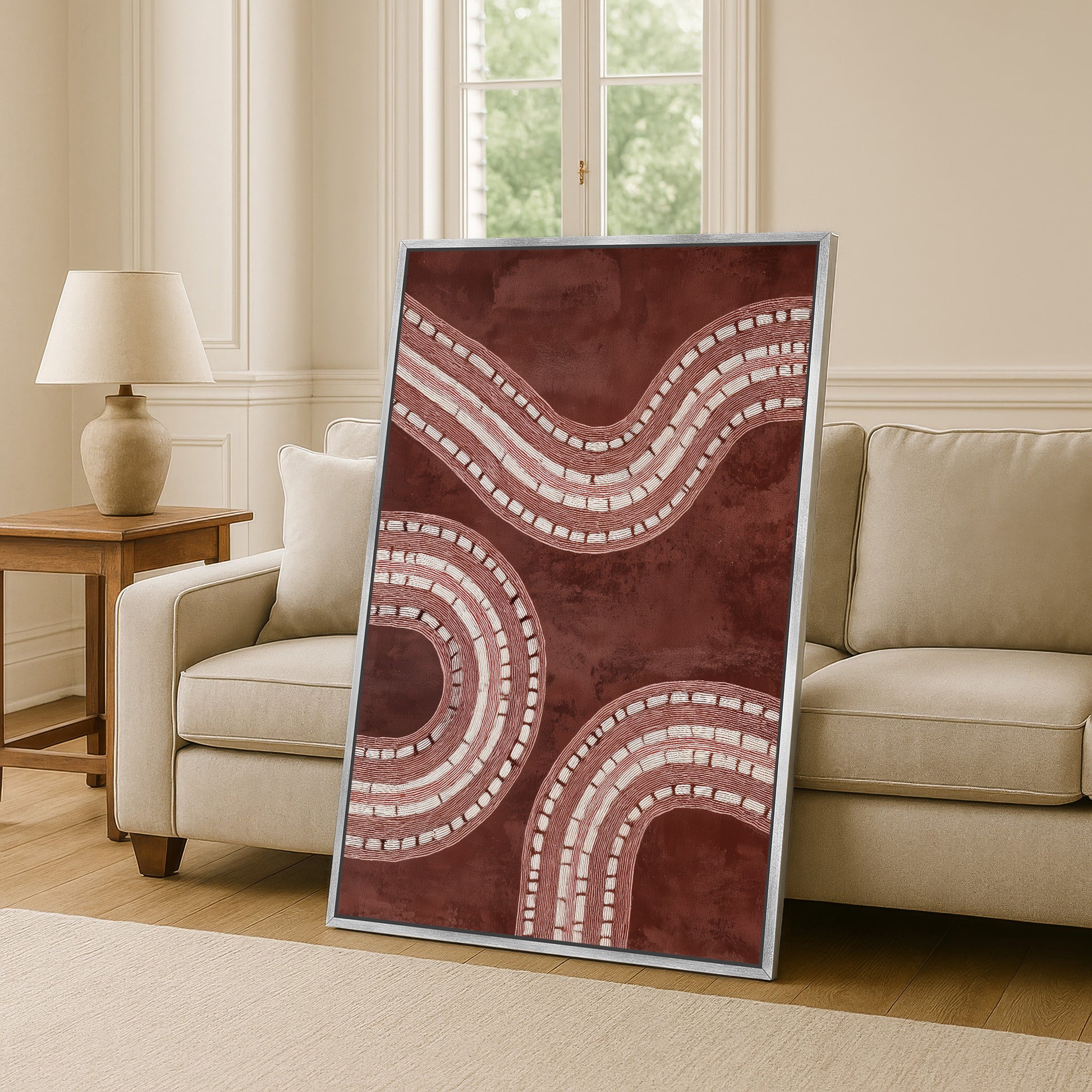 silver framed burgundy contemporary line canvas print.