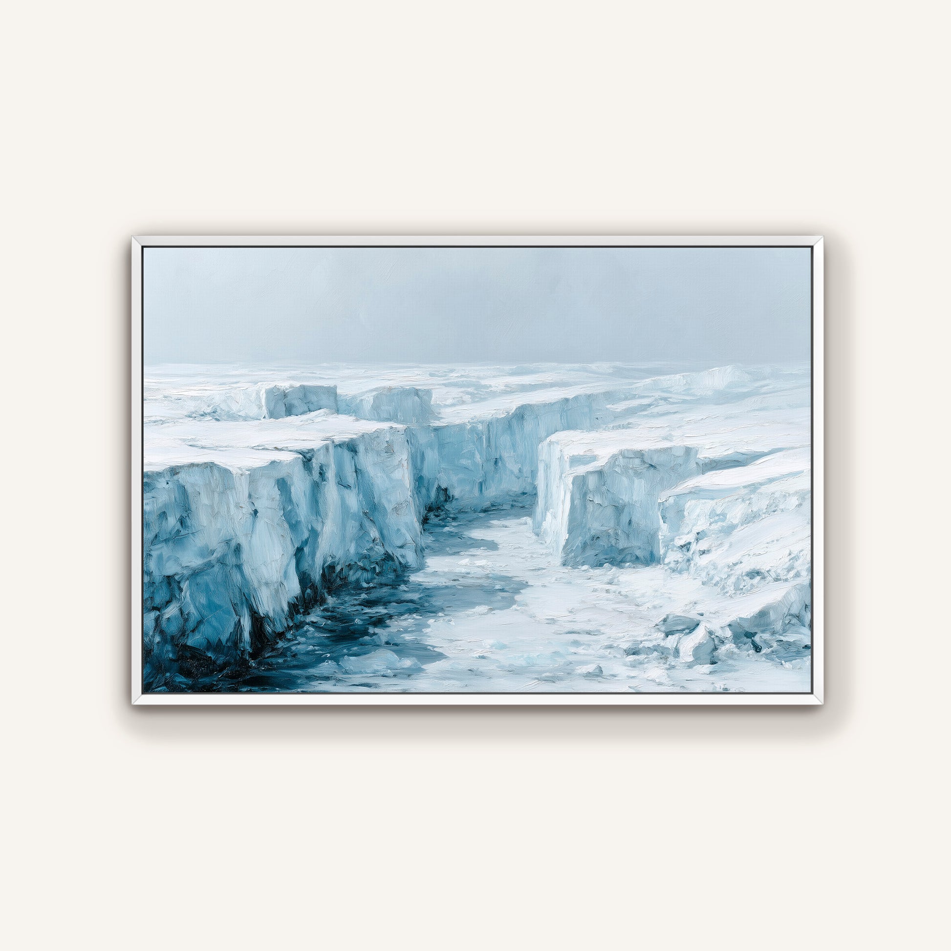 A framed painting depicting a vast, icy landscape with towering, jagged ice formations in the distance.