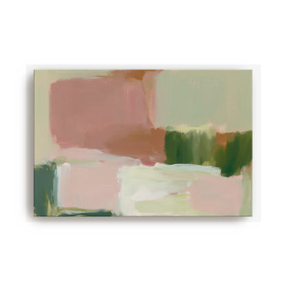 The image is an abstract painting with a predominantly green and pink color palette. The painting features various brushstrokes and textures, creating a dynamic and visually interesting composition.