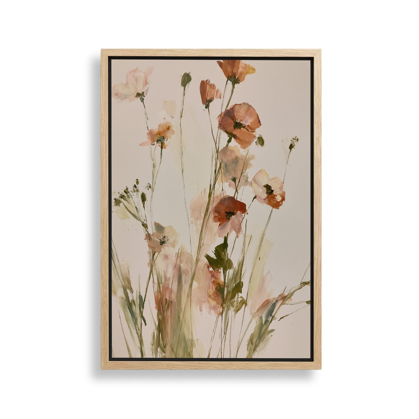 The image is a framed painting depicting a bouquet of flowers with various shades of pink and white.