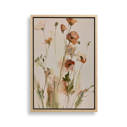 The image is a framed painting depicting a bouquet of flowers with various shades of pink and white.