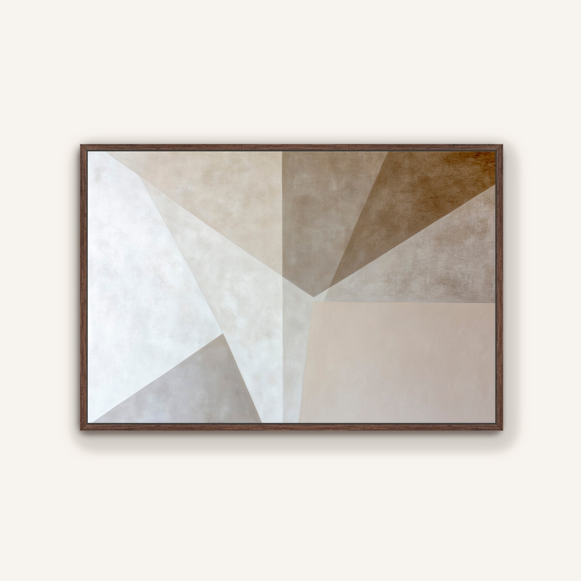 The image is a framed abstract artwork featuring a geometric design with various shades of gray and beige.