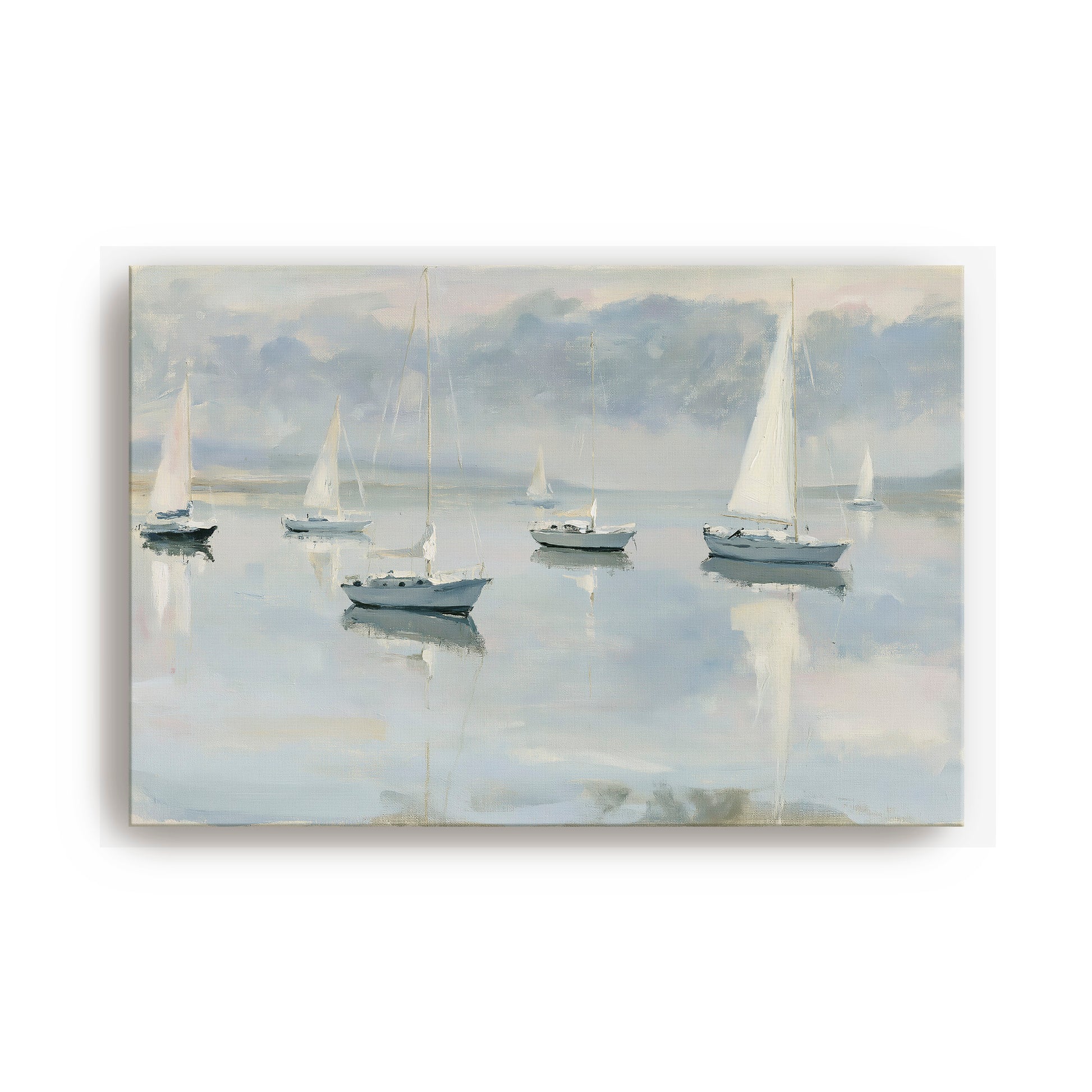 a serene scene of sailboats gently floating on a calm body of water, with a cloudy sky in the background.