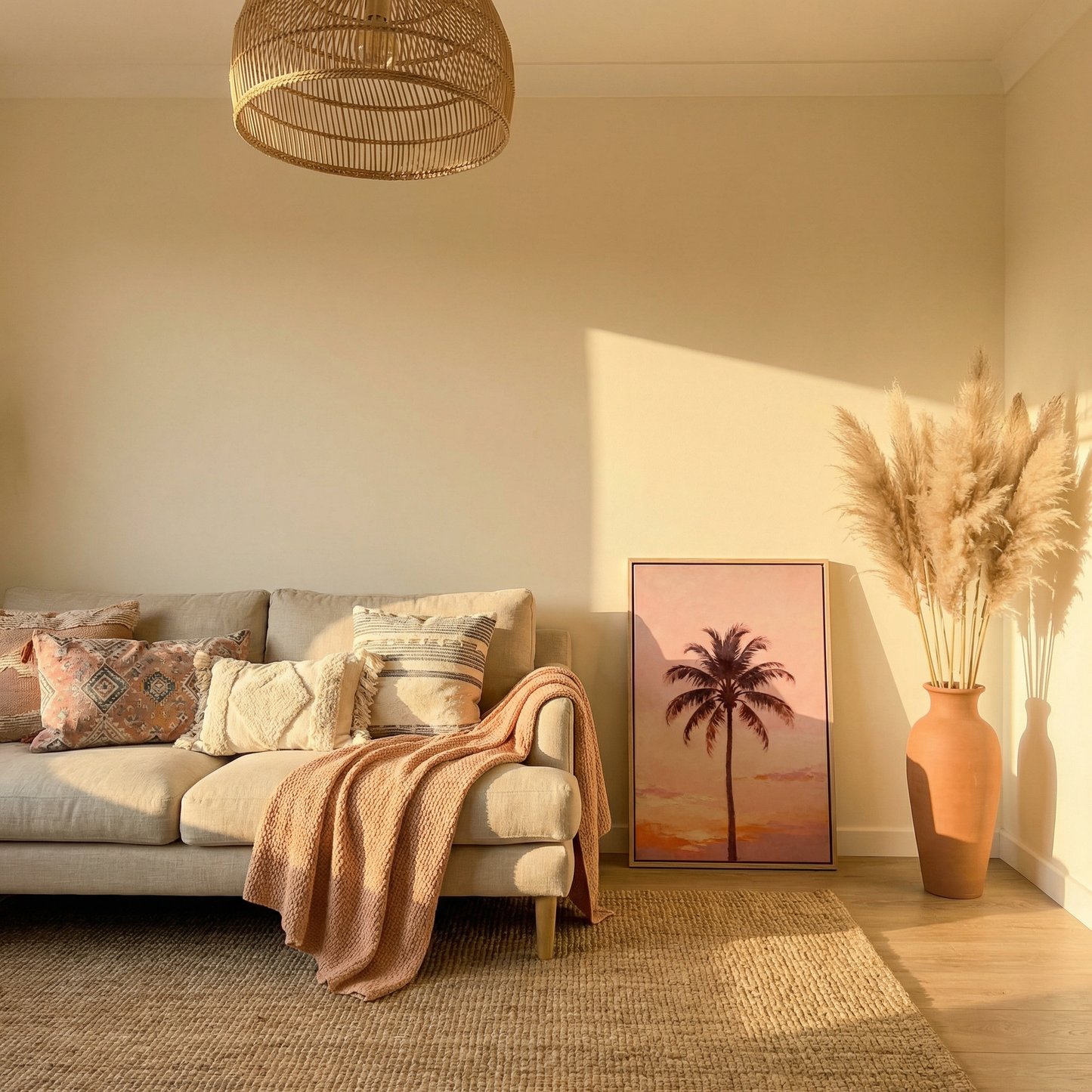 a cozy living room with a beige sofa adorned with throw pillows and a pink blanket, complemented by a woven light fixture hanging above. A framed picture of a palm tree is displayed on the wall, and a tall vase filled with pampas grasses is placed on the floor, adding a touch of nature to the space.