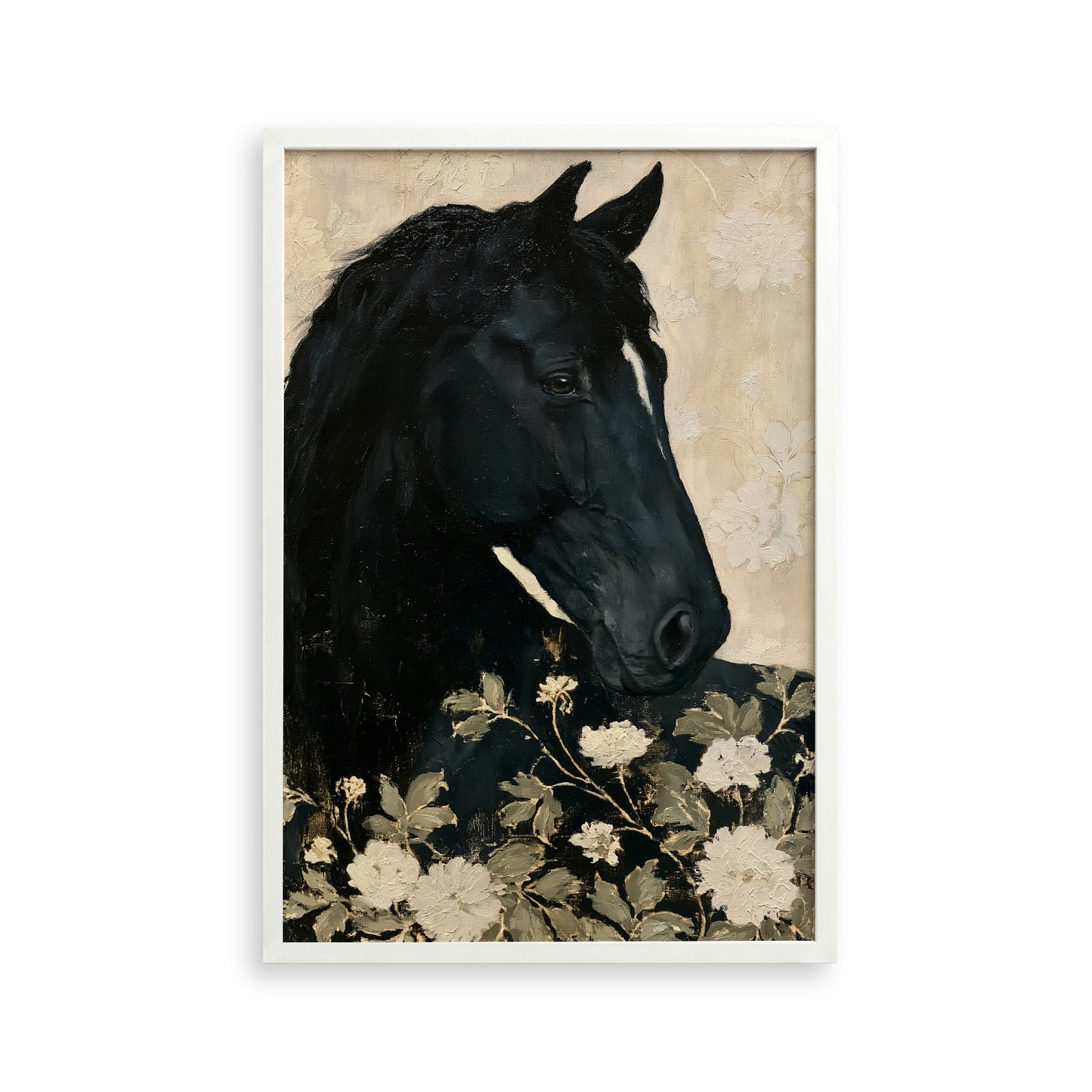 A framed painting depicting a black horse with a floral background.