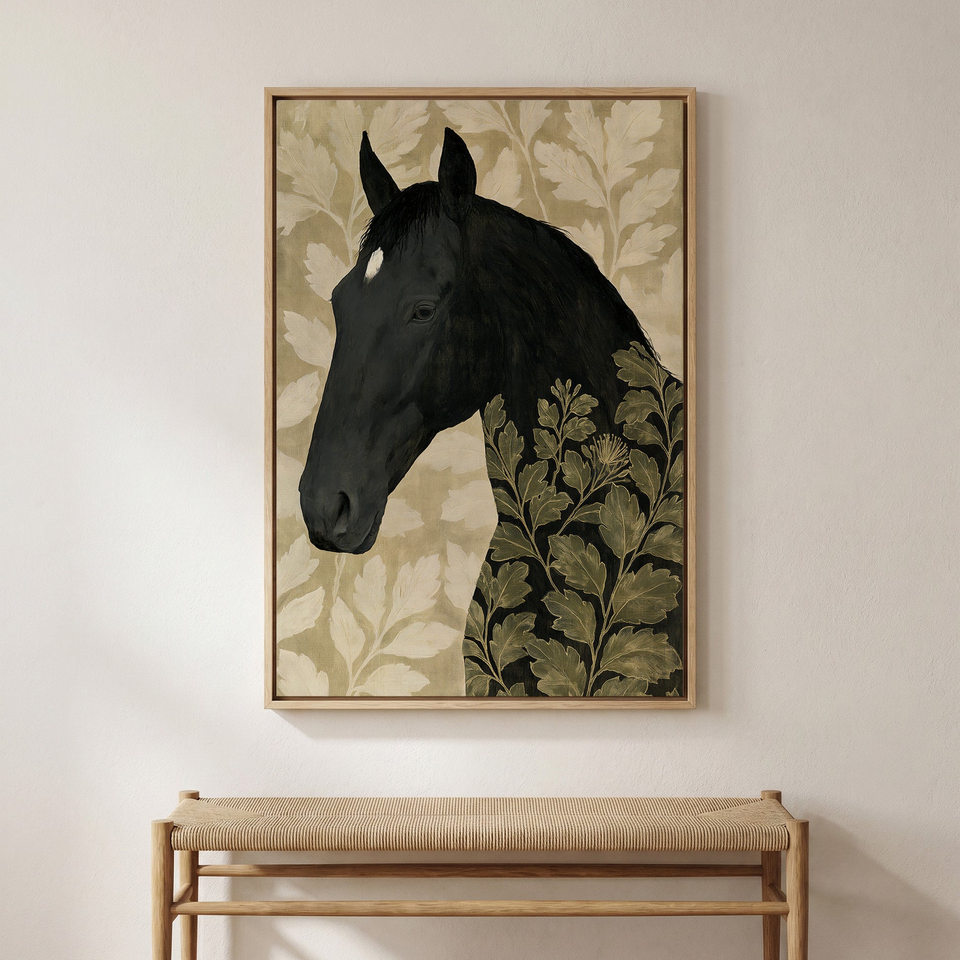 a black horse with a leafy background, creating a striking contrast between the horse and the foliage.