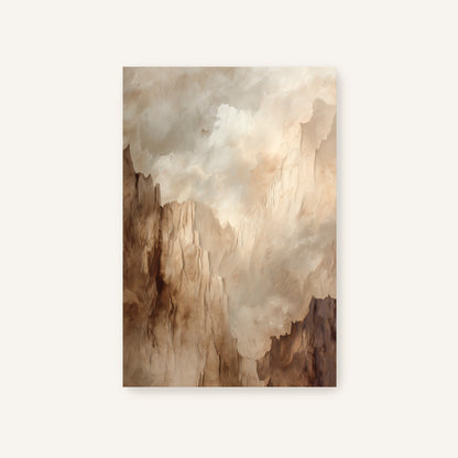 The image is a painting or artwork depicting a landscape with a cloudy sky and rocky mountains or cliffs.