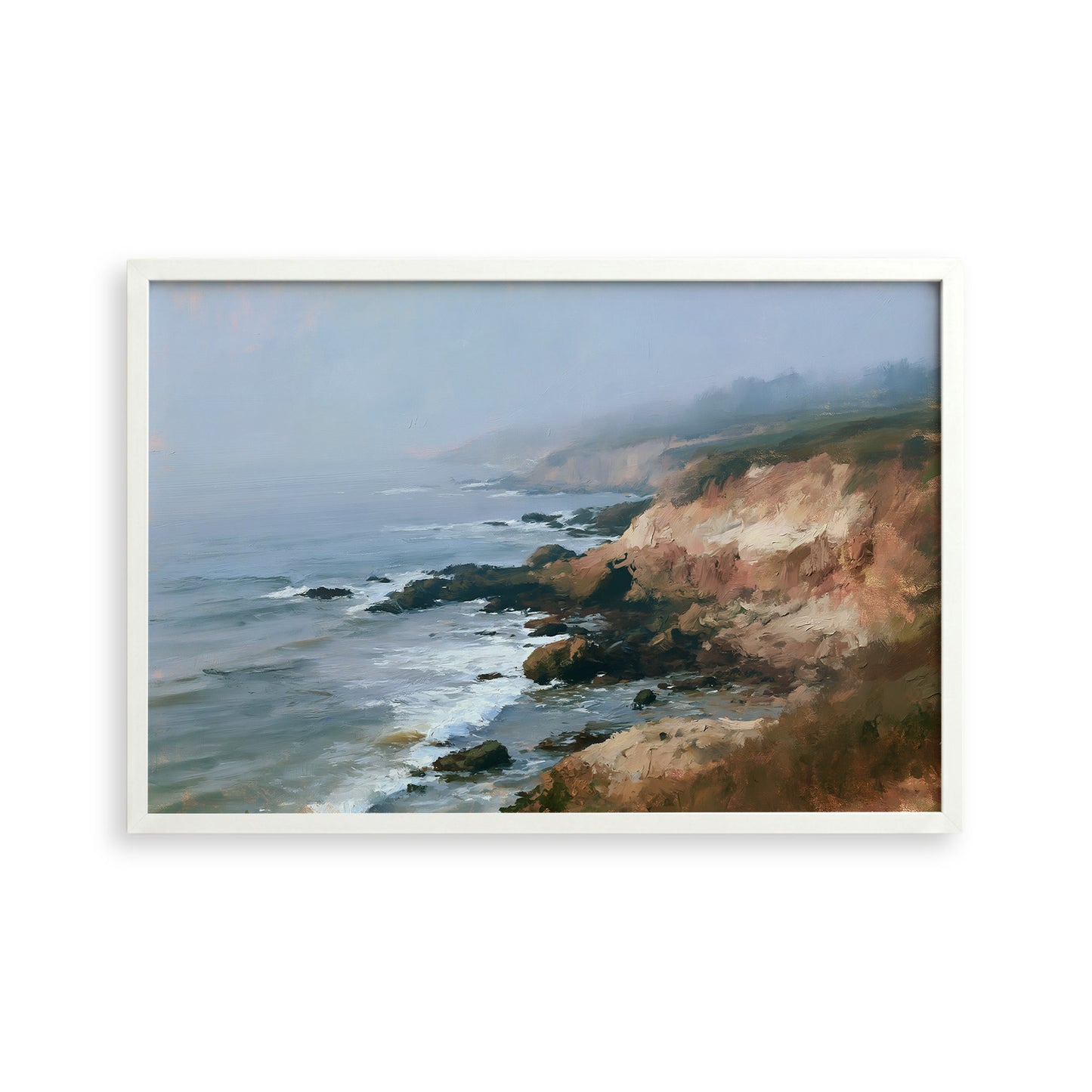 a serene coastal landscape with rocky cliffs, crashing waves, and a hazy blue sky.