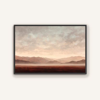 a serene landscape with mountains in the distance, a hazy sky, and a vast, open field.