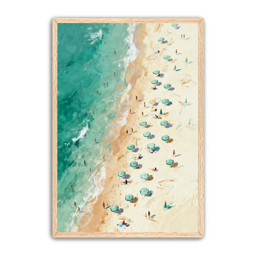 a beach scene with people enjoying the sun and sand, surrounded by numerous green umbrellas providing shade.