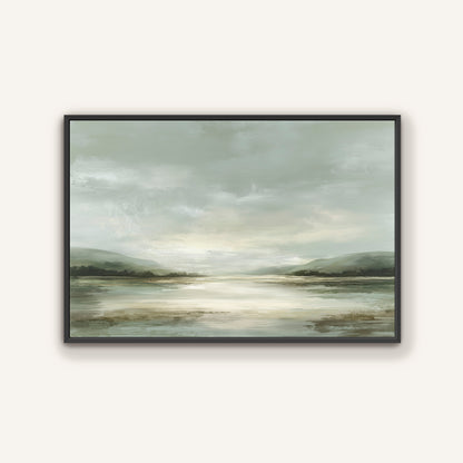The image is a landscape painting depicting a serene scene of a lake surrounded by mountains under a cloudy sky.