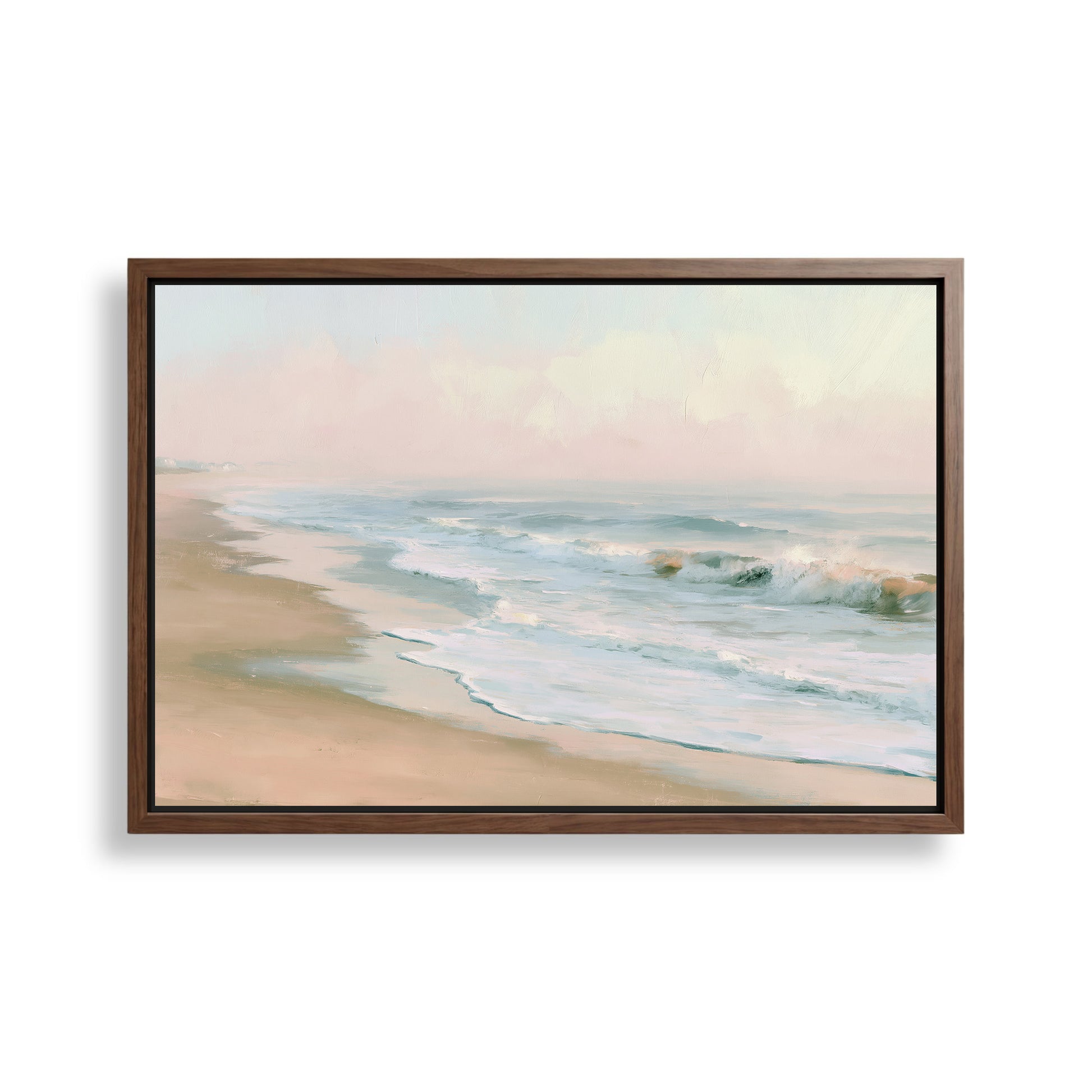 The image is a framed painting depicting a serene beach scene with waves gently lapping against the shore.