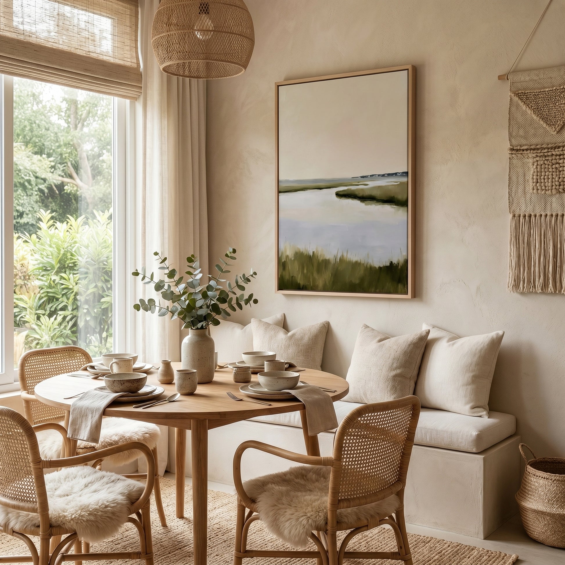 a cozy dining area with a wooden table set for four, featuring a vase of greenery and a painting of a serene landscape. The room is decorated with a woven basket, a woven wall hanging, and a large window that offers a view of the outdoors.