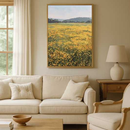 a serene living room with a large painting of a field of yellow flowers hanging on the wall. The room is furnished with a beige sofa, a wooden coffee table, and a matching armchair. A lamp is also present in the room, providing soft lighting.
