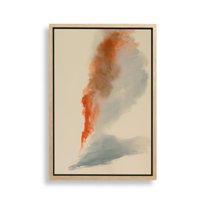 The image is a framed abstract painting with a large, vibrant orange and red color splash in the center.