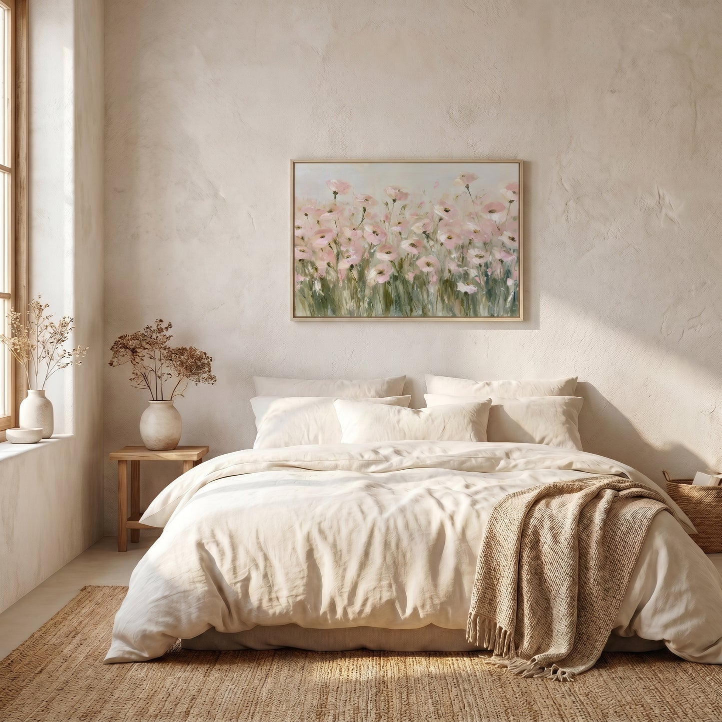 a serene and cozy bedroom with a large bed, a painting of flowers on the wall, and a window providing natural light.