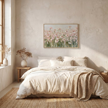 a serene and cozy bedroom with a large bed, a painting of flowers on the wall, and a window providing natural light.