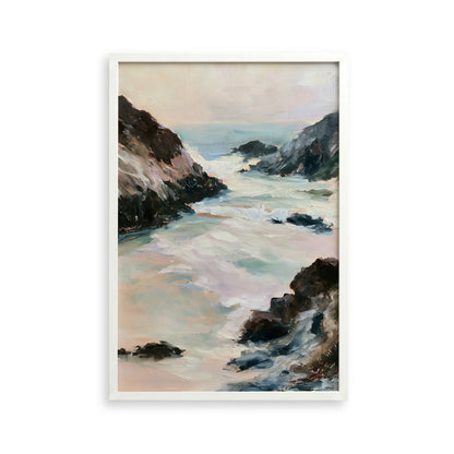 The image is a painting depicting a serene coastal landscape with rocky cliffs, crashing waves, and a hazy sky.