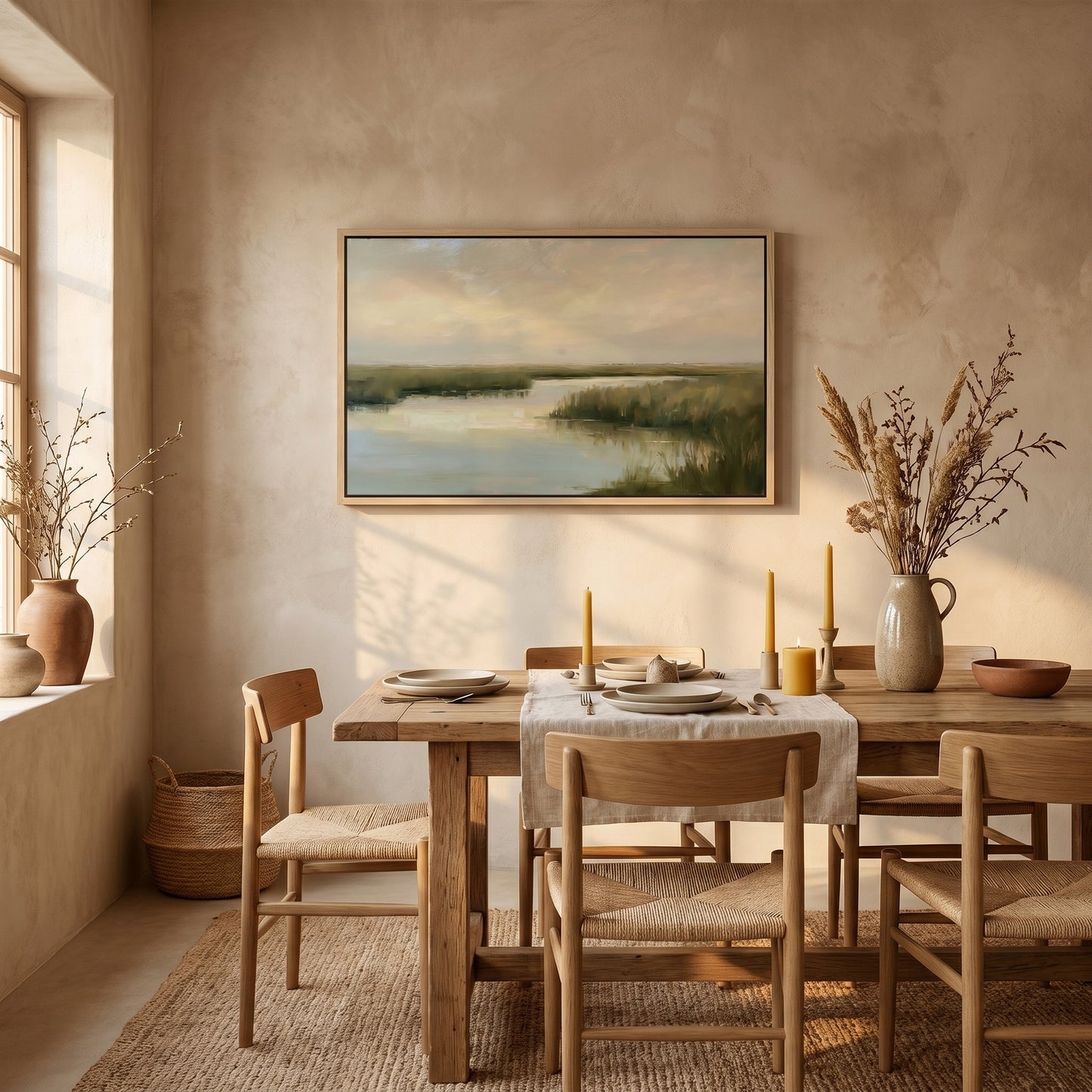 a serene dining room with a wooden table set for two, featuring a vase of dried flowers, candles, and a painting of a tranquil landscape.